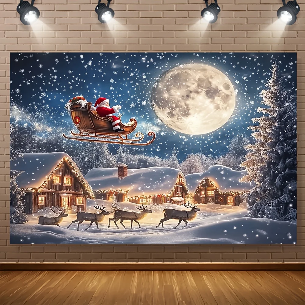 1pc 3D Christmas Village Tapestry Wall Hanging - Santa Claus & Reindeer Snowy Night Scene with Twinkling Lights-Effect,