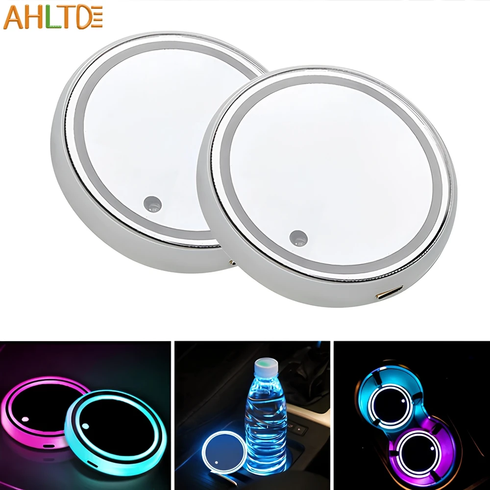 2Pcs Universal Led Car Cup Holder Bottom Pad LED Lights Cover Trim Atmosphere Lamps Anti Slip Mats Colorful Coaster decoration