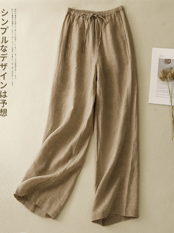 Retro spodnie z wysokim stanem i szerokimi nogawkami, damskie, luźne, wyszczuplające, elastyczne, z bawełny i lnu, proste nogawki, codzienne spodnie, lato 2025