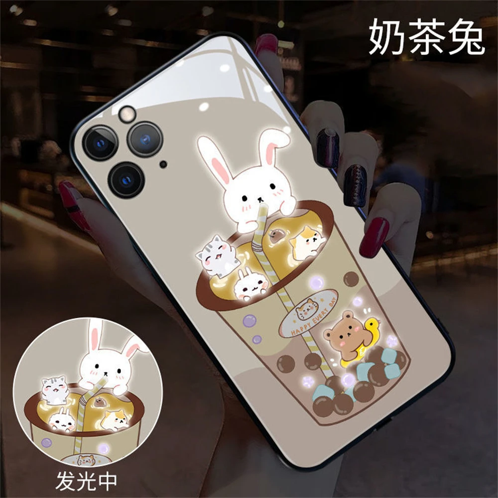 

Cute Milk Tea Rabbit Smart LED Light Glow Tempered Glass Phone Case For iPhone 16 15 14 13 12 11 Pro Max XR Plus SE