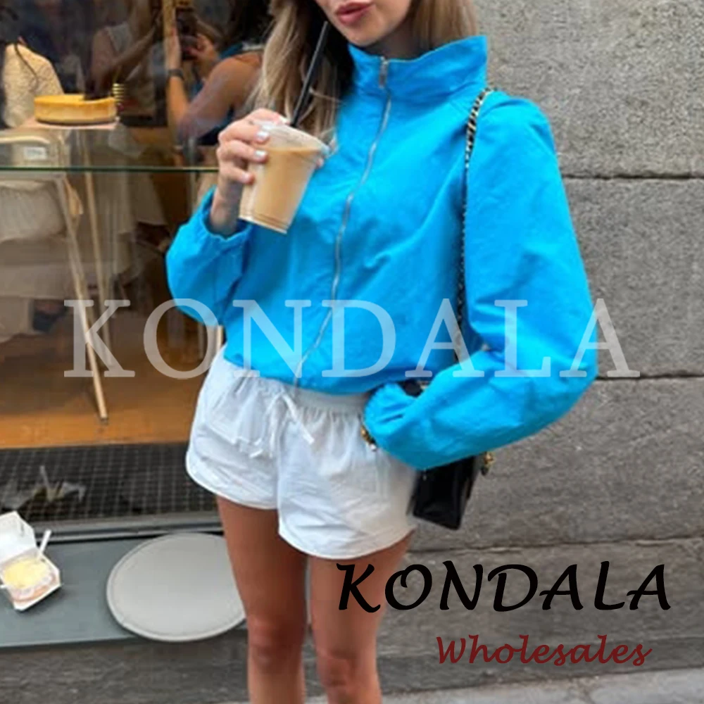 KONDALA 2026 Vintage Streetwear Blue Zipper Autumn Woman Jackets Loose Long Sleeve Coat Pocket Fashion Solid Casual Pilot Jacket