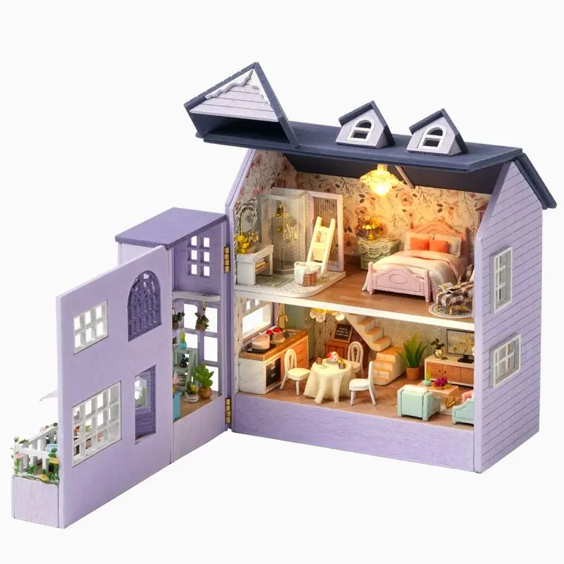 DIY Wooden Miniature Building Kit Doll Houses With Furniture Light