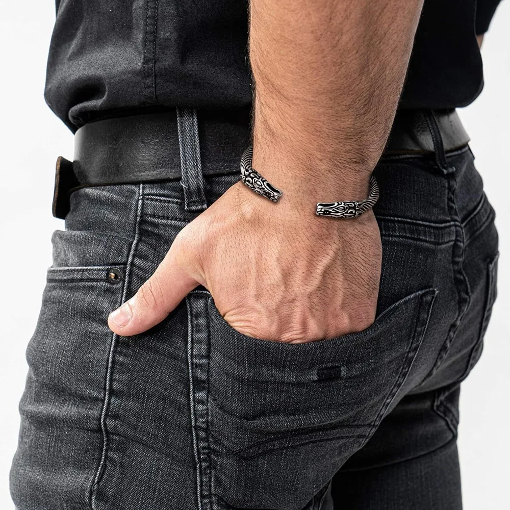 U7 Stainless Steel Twisted Cable Open Bangle Cuff for Men