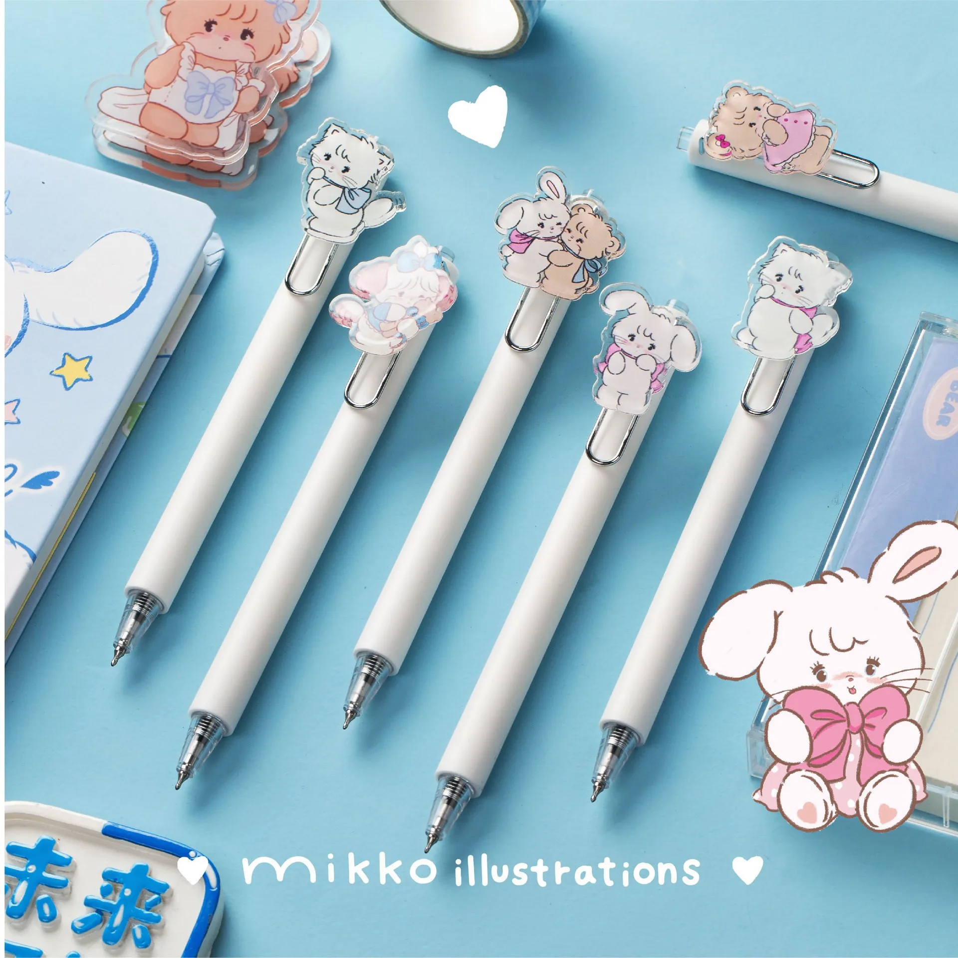 36pcs Cartoon Mikko Anime Patch Press Gel Pen Cute Rabbit Cat Bear Patch Press Pen Students Cute Learning Stationery