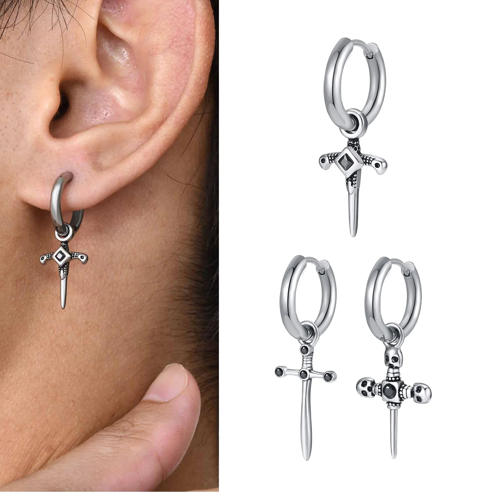 

Men Cross Earrings Dangle Hinged, Waterproof Stainless Steel Cross Hoop Huggie Earrings with Black Stone Jewelry