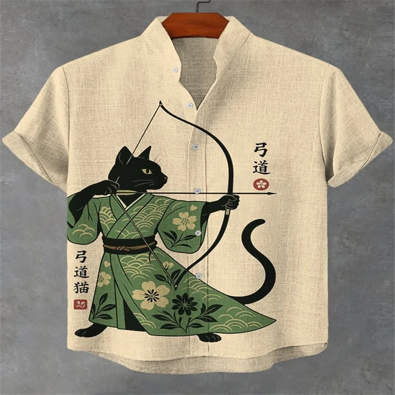 2025 Camicia da uomo casual con stampa per tiro con l'arco, arte del gatto, camicia con stampa magica del gatto nero