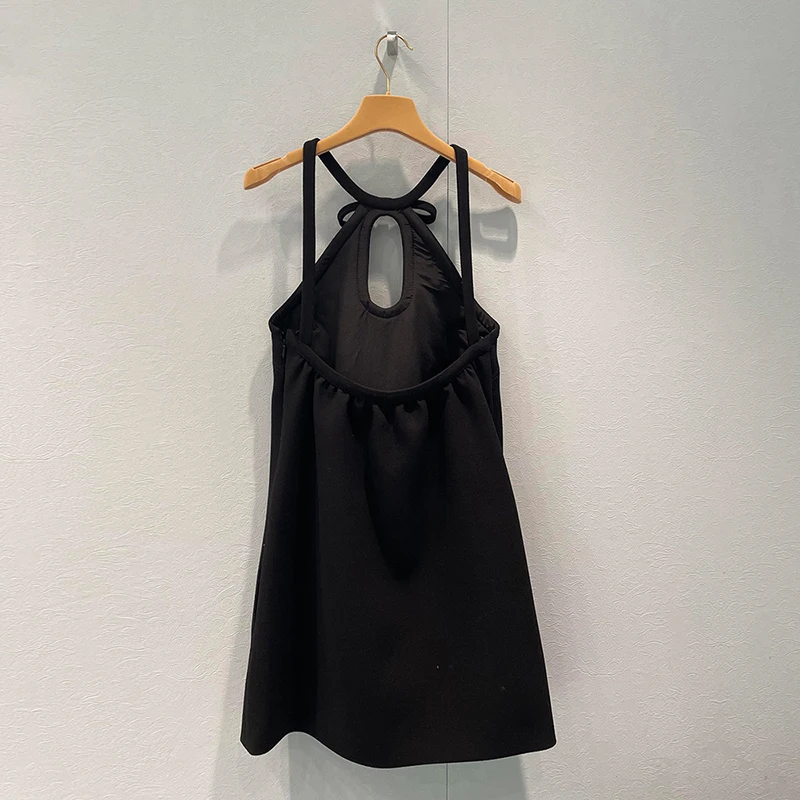 [ZOCI] Sexy Backless Black Hanging Neck Dress, Miu Style Bow Design, Short Base Dress, Autumn