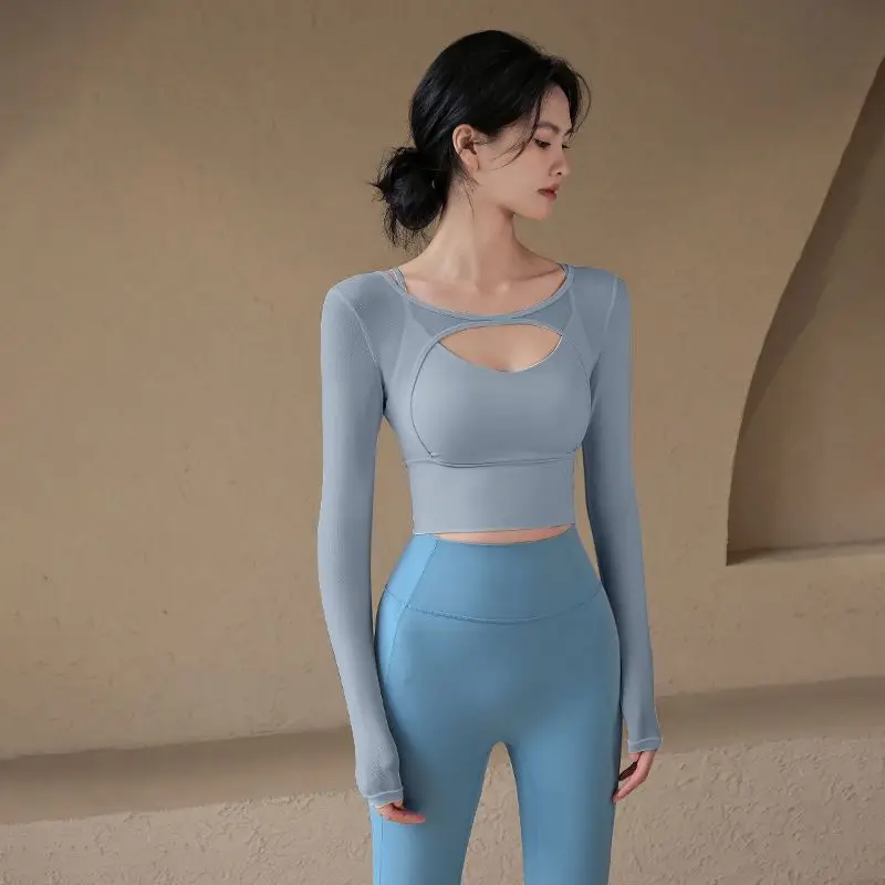 American Sle Yoga Clothes Long Sve T-irt Women Sexy Hollow out Me Splice Sports Fitn Top with Chest Pad