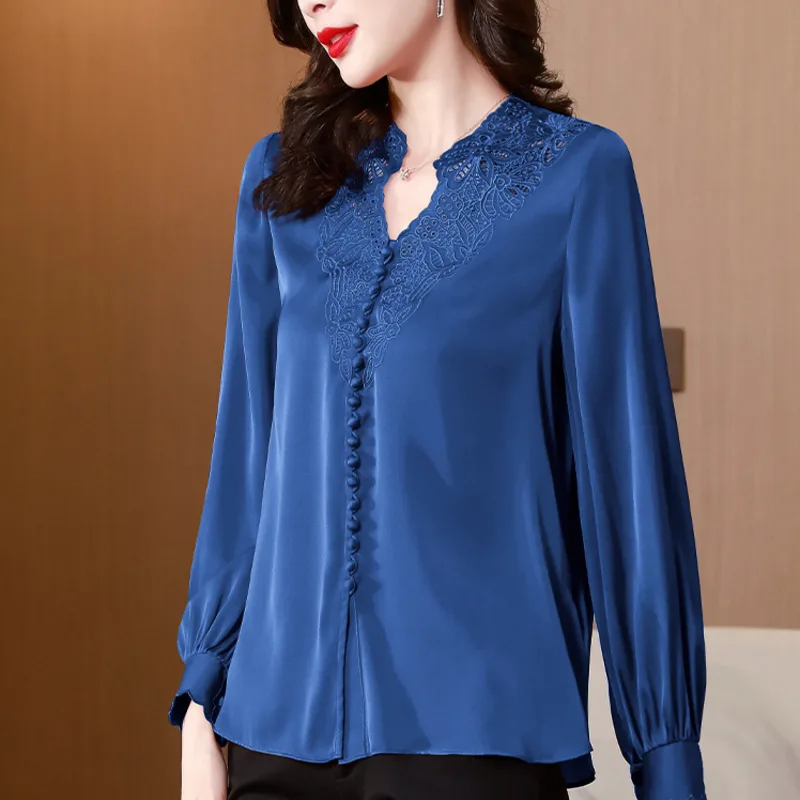 #2524 Red Blue Satin Womens Tops And Blouses V-neck Embroidery Hollow Out Basic Blouse Buttons Long Sleeve Woman Shirts Spring