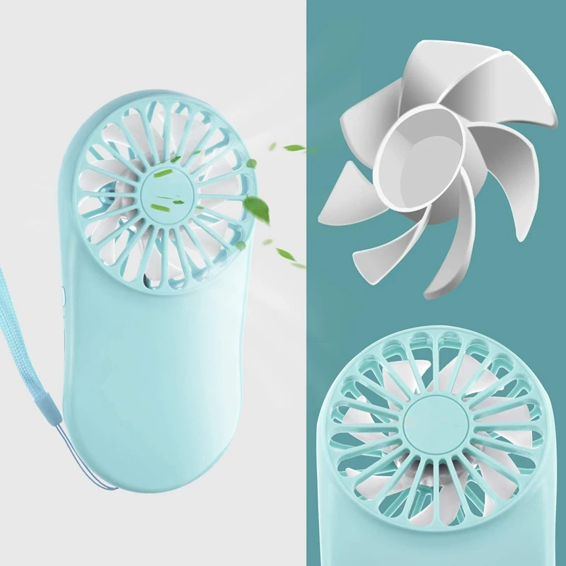 2 szt. Ręczny Mini wentylator regulowany przenośny wentylator wentylator ładowalny USB ze smyczą do chłodzenia podróżnego na zewnątrz, zielony i niebieski
