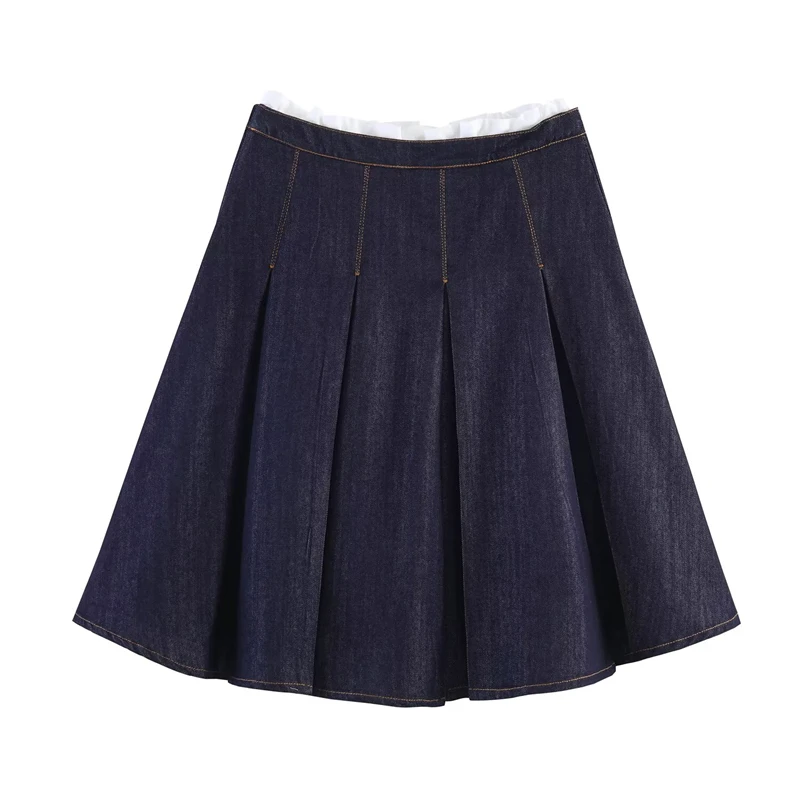 KEYANKETIAN 2026 New Y2K Sweet Pull-string High-waist Denim Skirt Women Floral Embroidery High Waist Pleated A-Line Midi Skirt