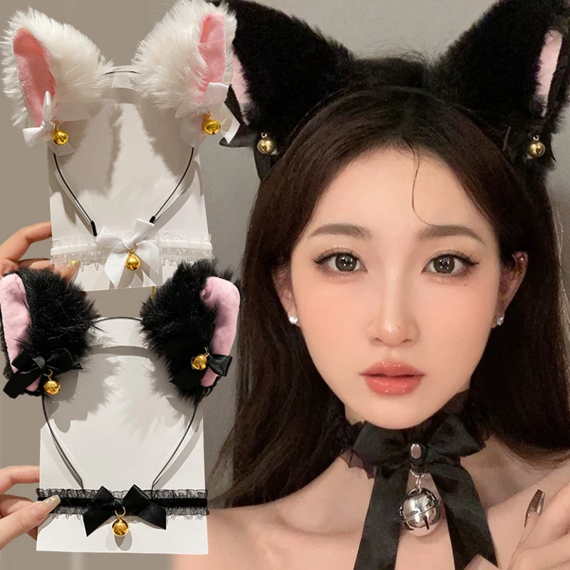 Sexy Cat Ears Headband for Women Girls Fox Lace Bow Choker Plush Bell Hairband Cosplay Masquerade-Party Costume Hair Accessories