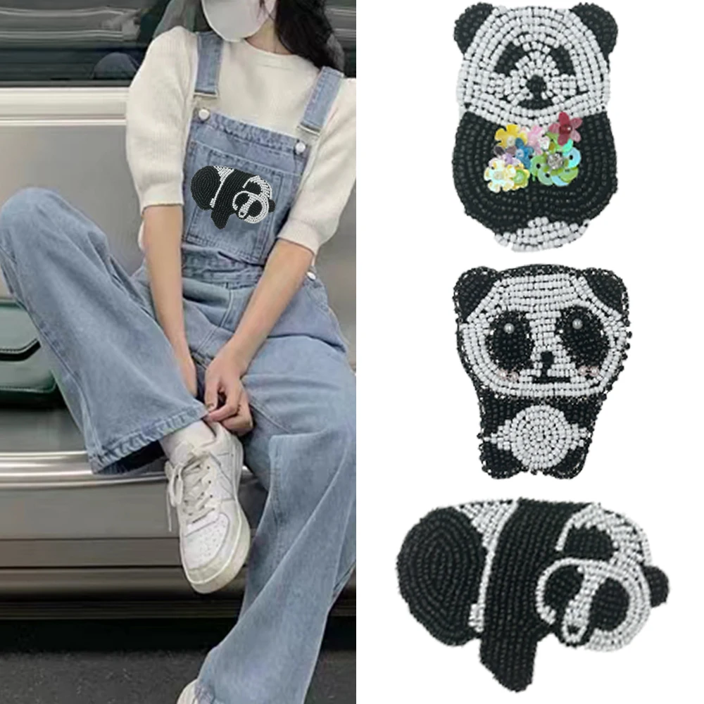 Handmade Beaded Cute Bouquet Panda Patch For Clothing Sew on Decor DIY T-Shirt Shoes Hats Bags Animal Patches Badge