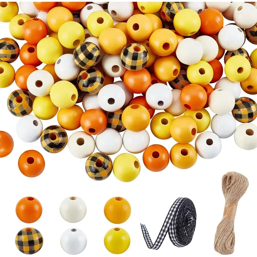 

240pcs 6 Colors 16mm Fall Plaid Wood Beads Farmhouse Round Beads with 21 Yards Hemp Rope 10 Yards Polyester Ribbon