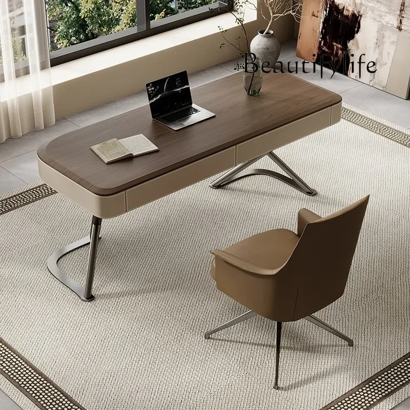 

modern simple saddle leather desk Nordic medieval solid wood writing desk طاولة قيمنق
