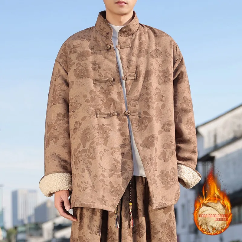 

Lamb Fur Jaet Men's Winter Faion Cotton Clothes Chinese Sle Retro Button Tang Suit Lamb Velvet Cotton Coat for Men