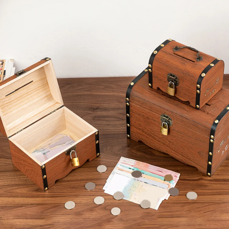 1 Set Vintage Treasure Storage Box Wooden Treasure Chest With Lock Piggy Bank Organizer Saving Box Case For Home DecorationHot