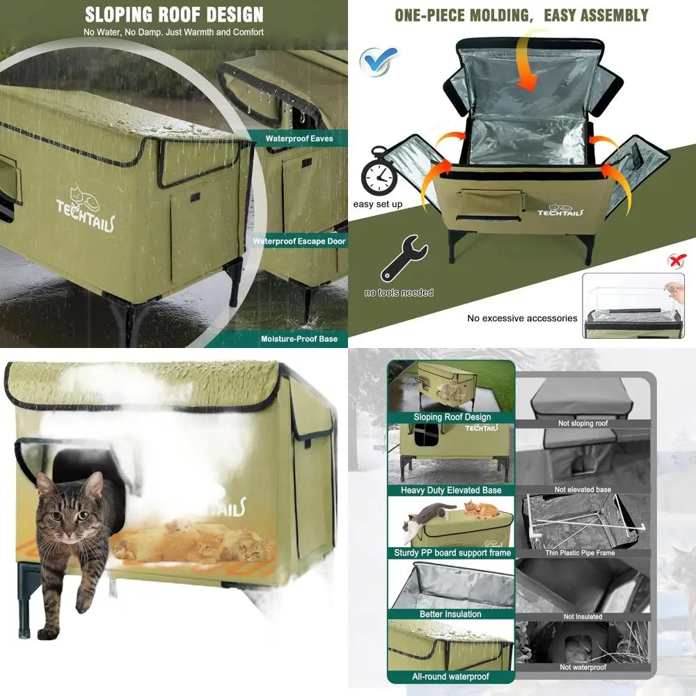 

Insulated Outdoor Cat Shelter with Slanted Roof, Escape Door, Heating Pad, and Elevated Bed for Winter (Green)
