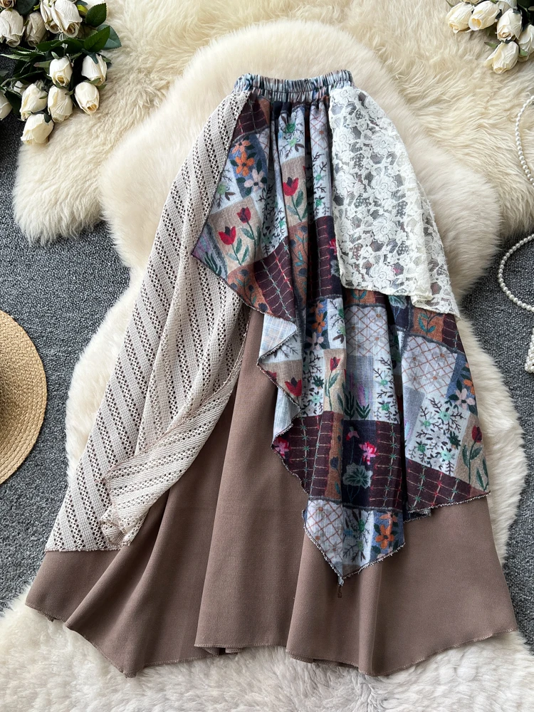 

Ретро юбка миди А-силуэта с высокой талией, пэчворк, кружевом и принтом, молодежная, для отпуска, средней длины, женская, стройнящая