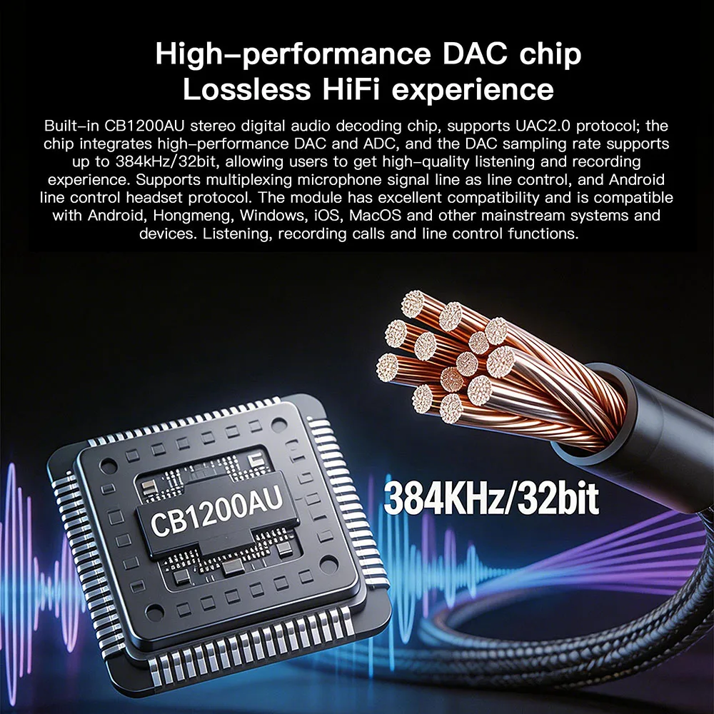 KEYSION Type-C to 3.5mm USB DAC ADC 24bit/48kHz Live Streaming HD Call Adjust EQ 32bit/384kHz HiFi Decoder Headphone Amplifie
