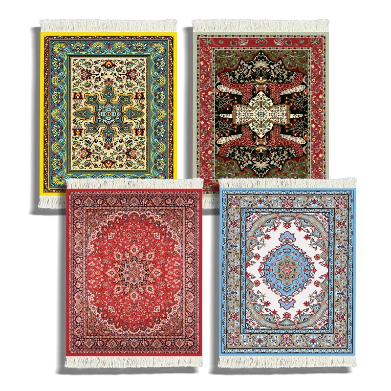 

Oriental Design Fabric Carpet Drink Mat 4 Piece Set Table Coaster Tassel Rug Coaster Fabric Elegant Rug Vintage Coaster Home Off