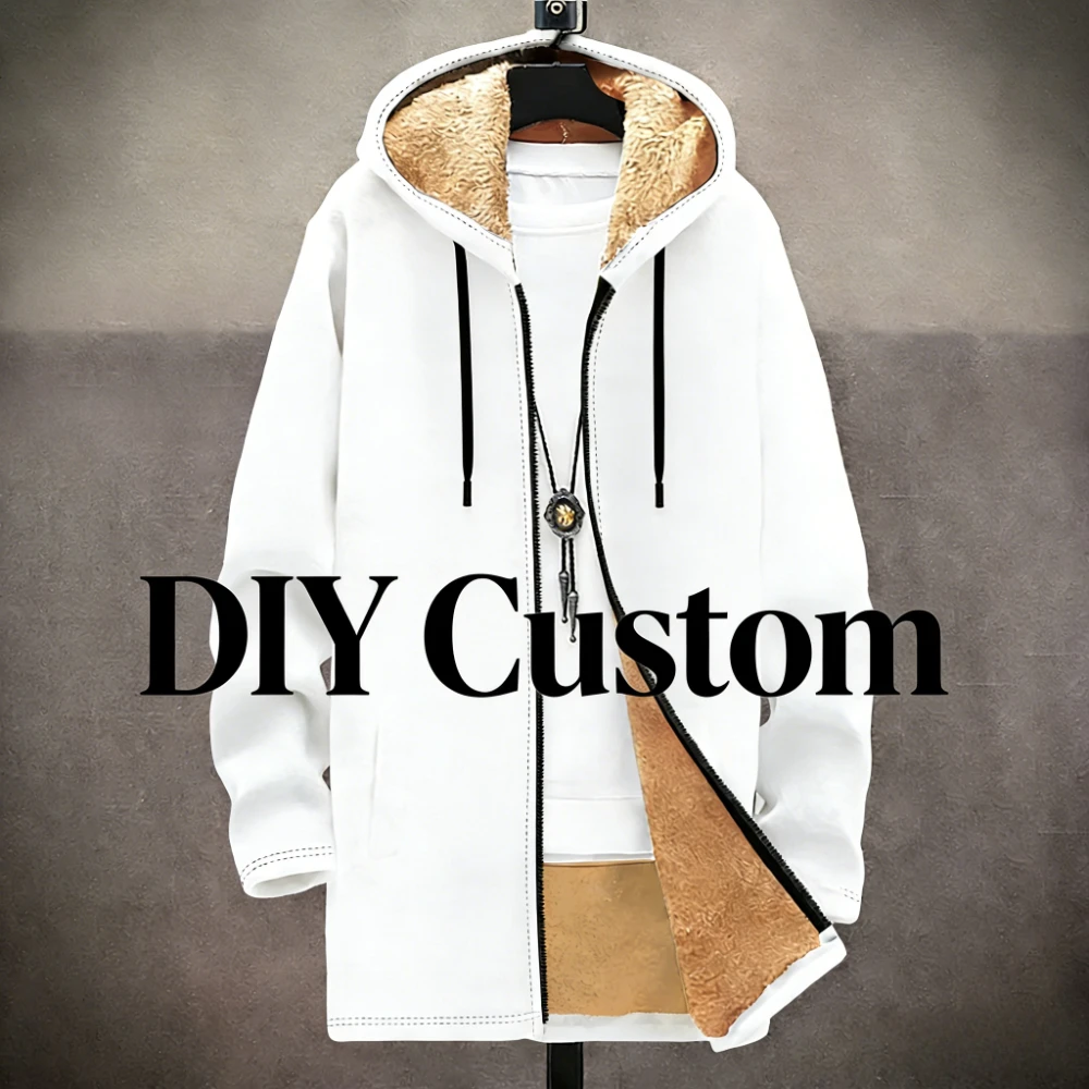 DIY Custom Unisex Hooded Jacket Fleece Lined Coat with Brown Sherpa Hoodie Long Sleeve Zip Up Streetwear Personalized Design
