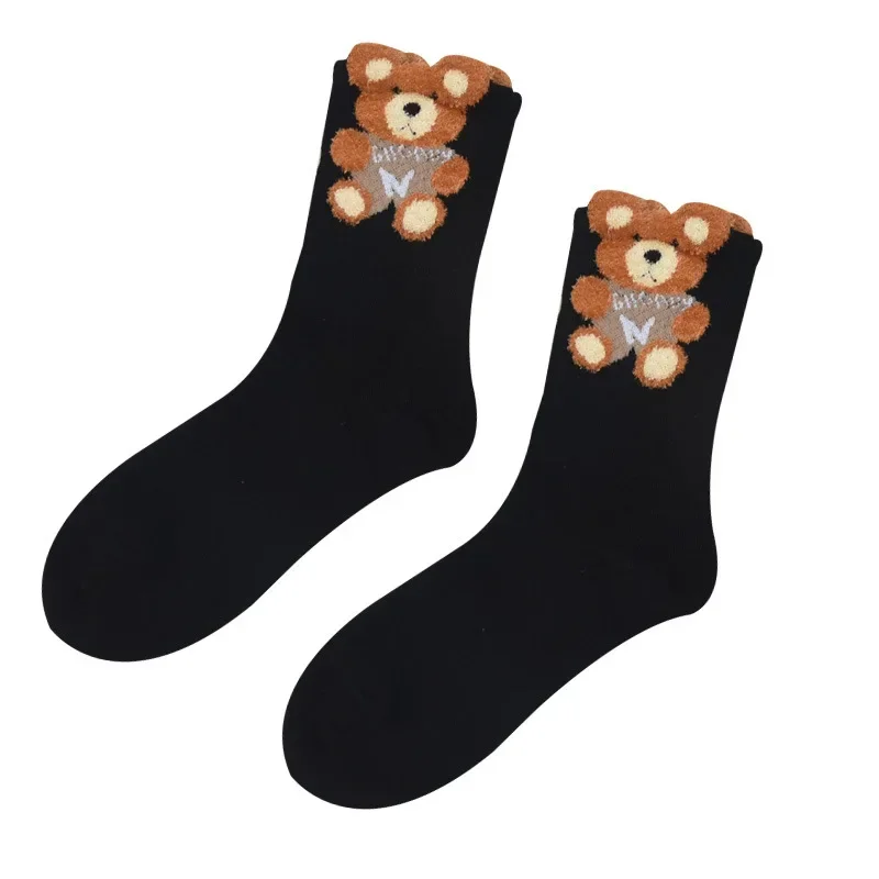 Retro Mid-calf Length Sock Cute Cartoon Bear Sock for Women Girls Korean Style Comfortable Soft Kawaii Blending Cotton Socks