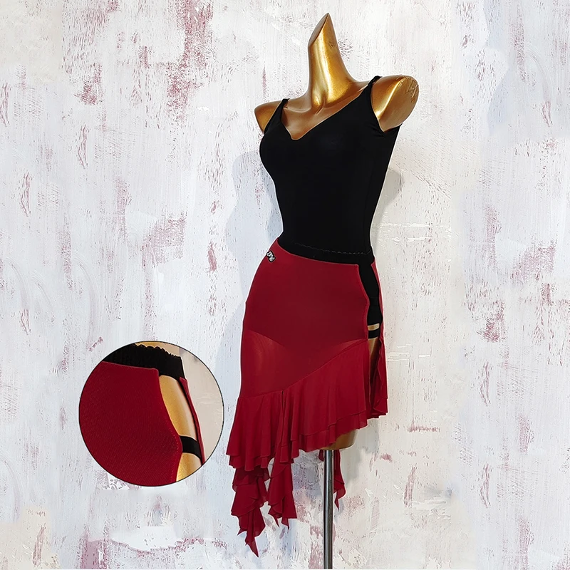 성인 라틴 댄스 복장 여성 탱고 룸바 공연 의류 여름 블랙 댄스 레오타드 중공 스커트 연습 착용 4218