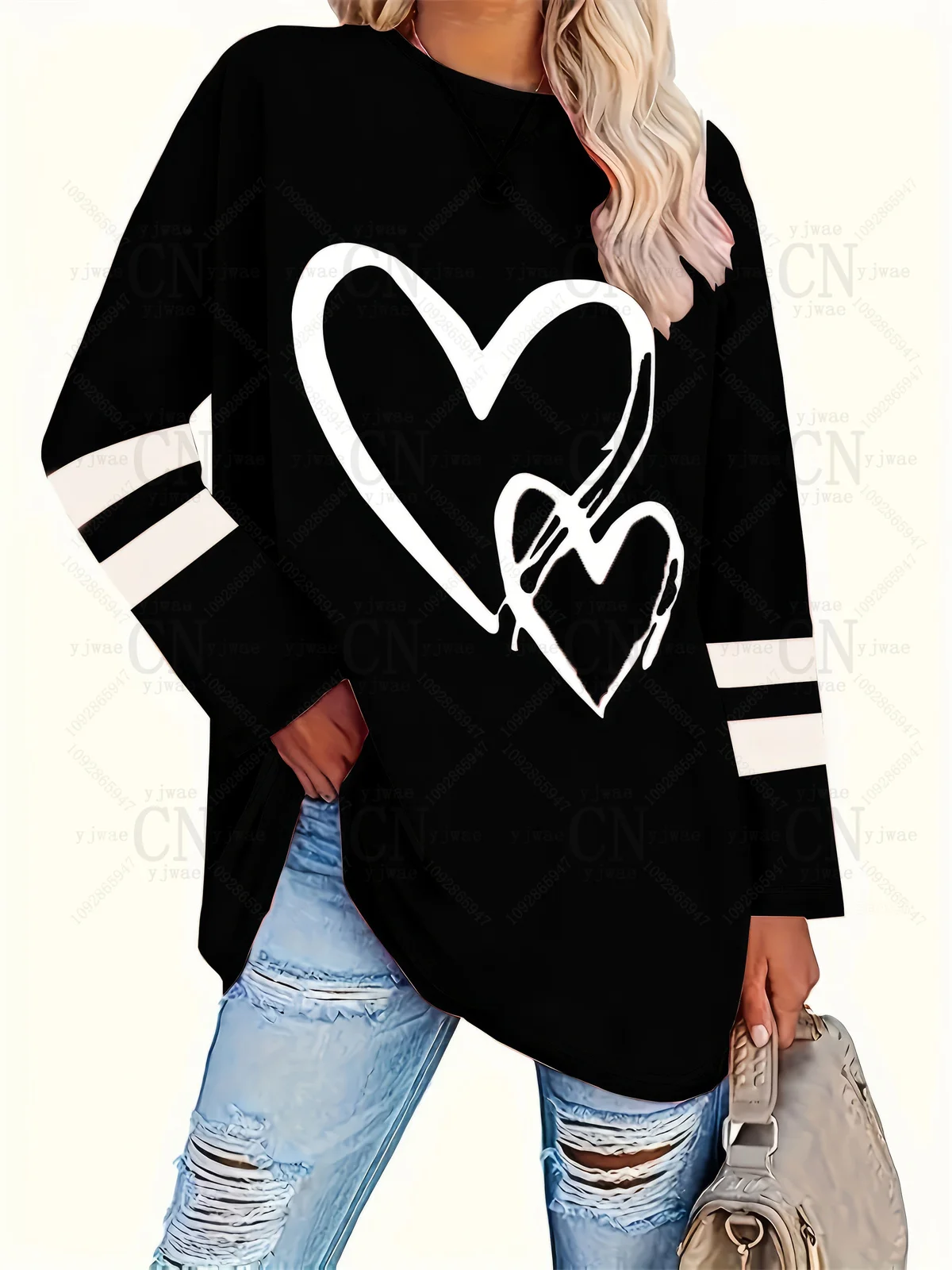 Plus Size Popular Loose Long Sleeve Heart Graphic Printed T-Shirt Simple Streetwear Versatile Top Women'S Long Sleeved T-Shirt