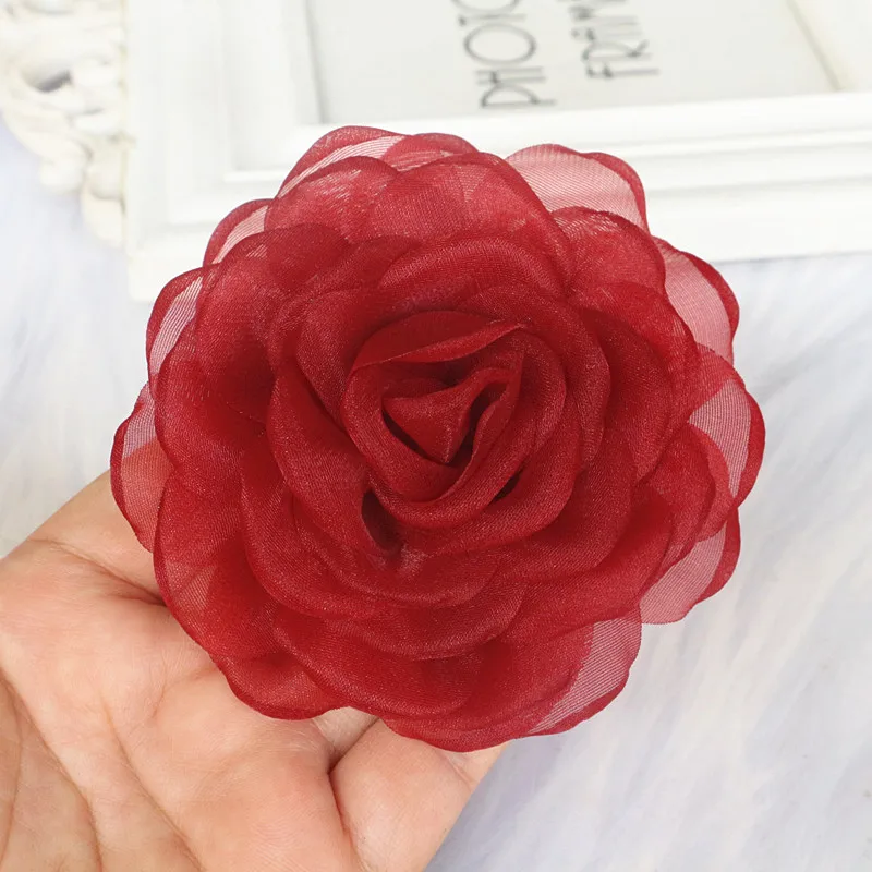 10PCS 8CM 3D Organza Chiffon Gauze Burnt Edge Fabric Artificial Rose Flower Wedding Dress Neck Decoration DIY Sewing Applique