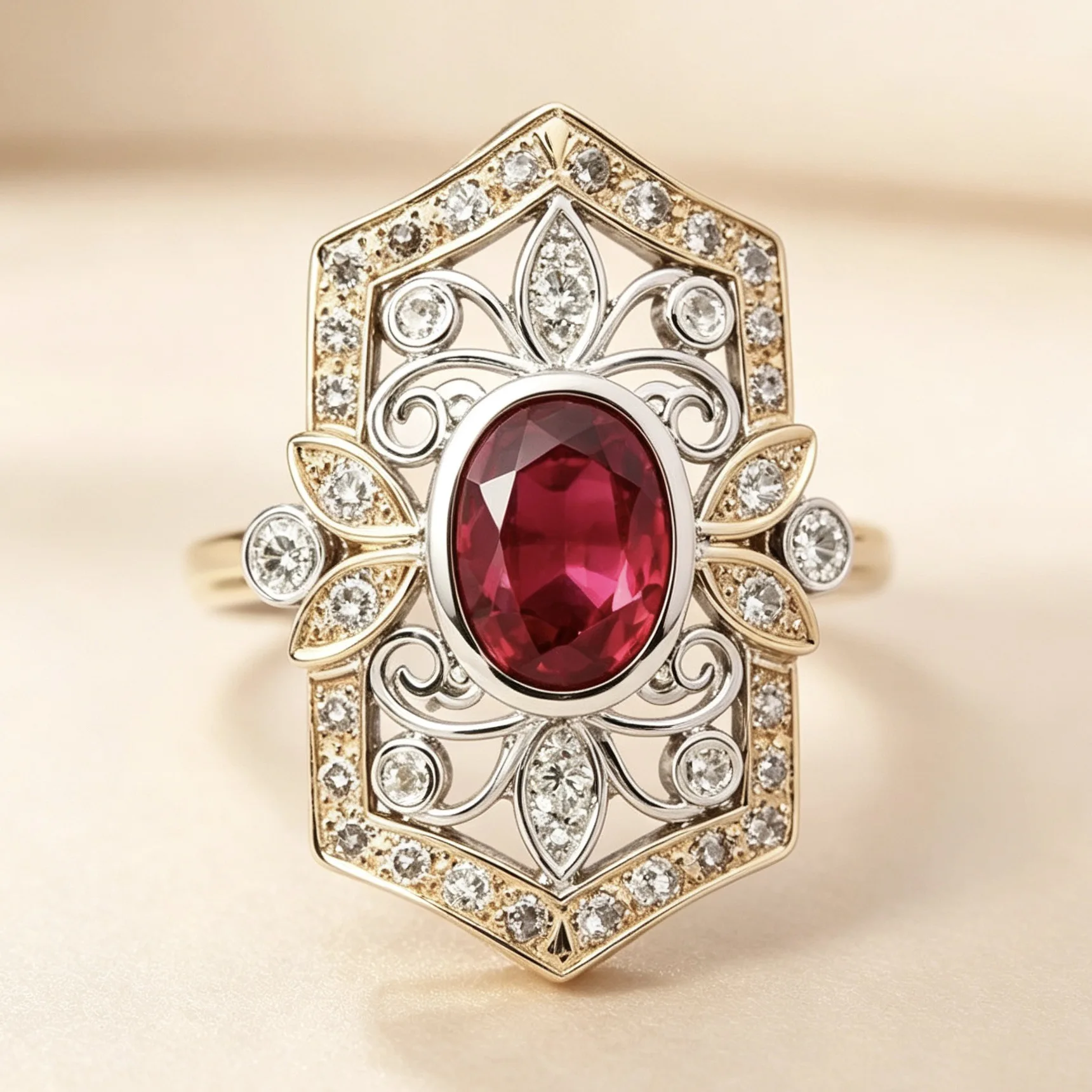 Vintage Oval Red Zircon Hollow Filigree Two‑Tone Statement Ring for Women Men, Ornate Jewelry for Wedding Party Collectible Gift