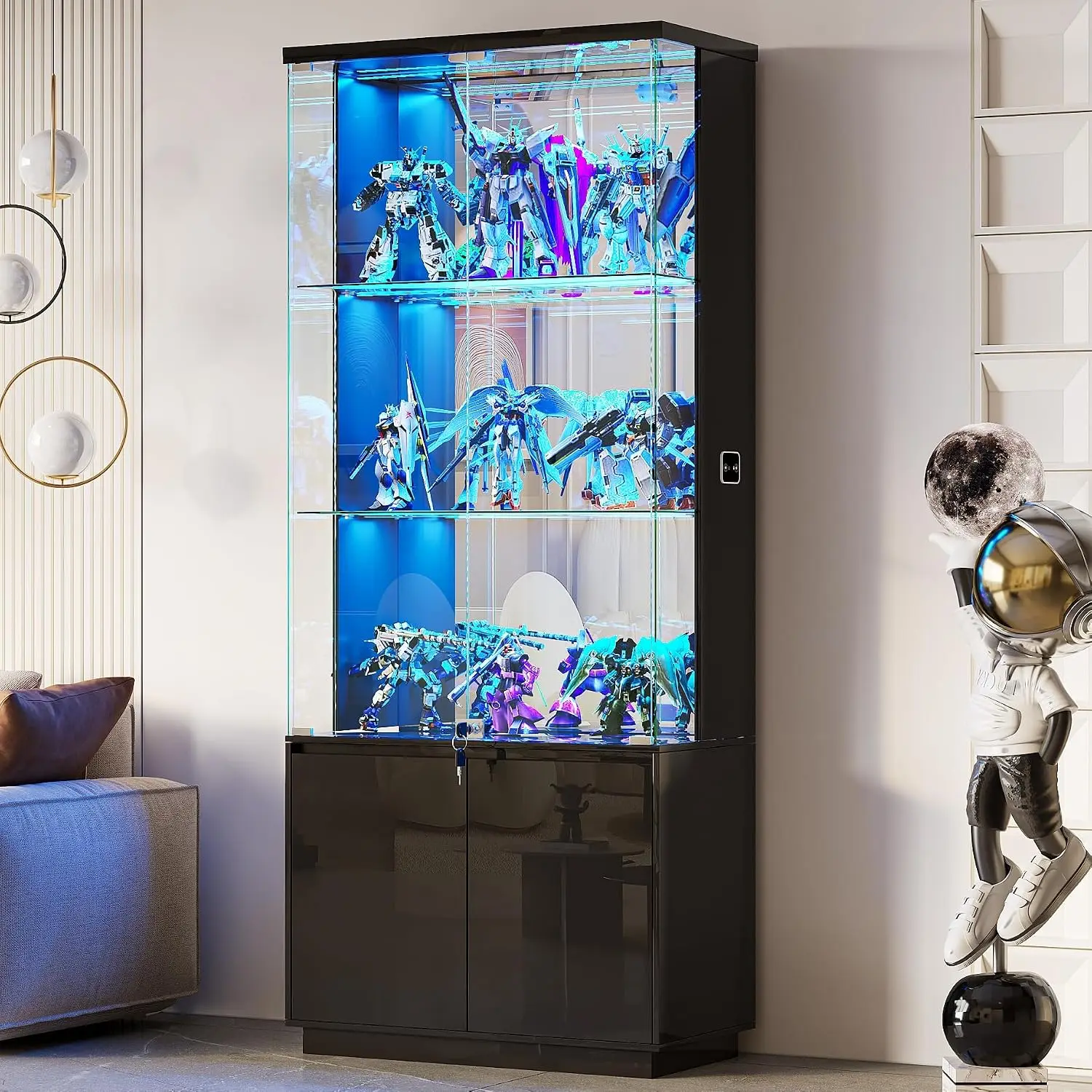 71” Glass Display Cabinet with Lights and Human Body Sensor - Black | Pop-Up 4mm Tempered Glass Door; Safety Lockable Keys; Adju