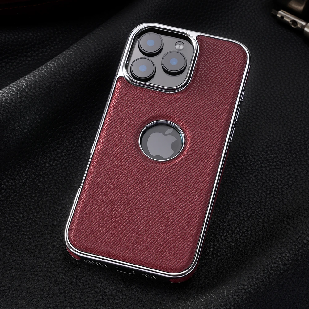 

for Magsafe Case for iPhone 15 16 Pro Max Promax 16Pro 15Pro Natural Cowhide Leather Luxury Plating Logo Hole Back Cover