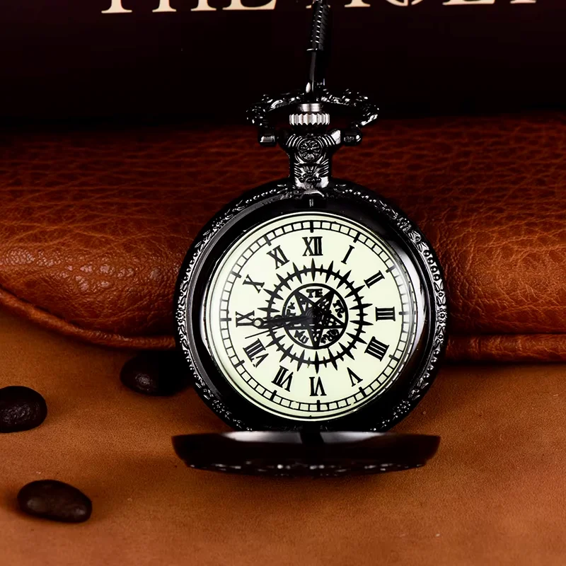Black magic wand pocket watch flip cover black circle red circle surface quartz watch sweater chain hanging quartz watch