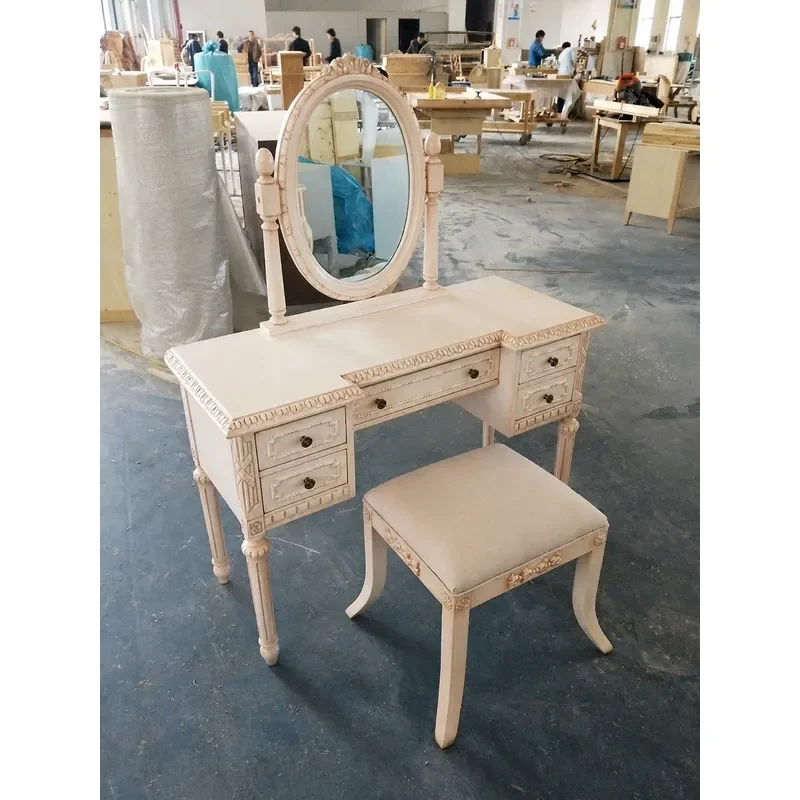 American Solid Wood Vintage Carved Dresser Retro Makeup Table for Beauty Studio and Home Bedroom Vanity Desk