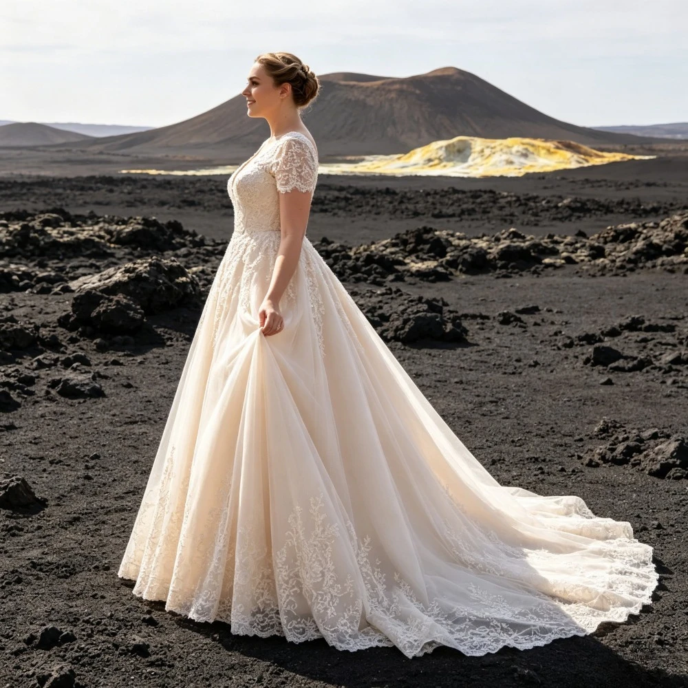 Customized Plus Size Lace A-line Summer Wedding Dress 2026 New Short Sleeved Decal Bridal Gown Suitable for Party Back Tie Up