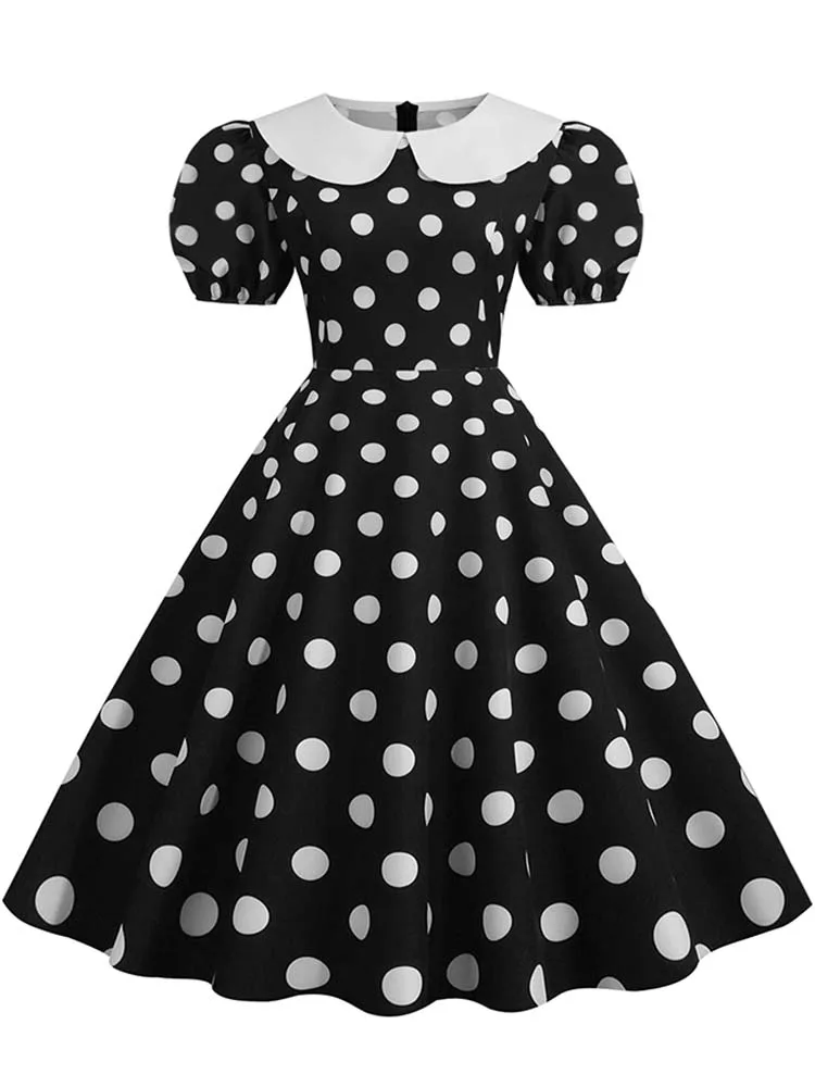 Polka Dot Vintage Dress Women Summer Pink Rockabilly Office Party Dress Casual Peter Pan Collar Sundress Vestidos