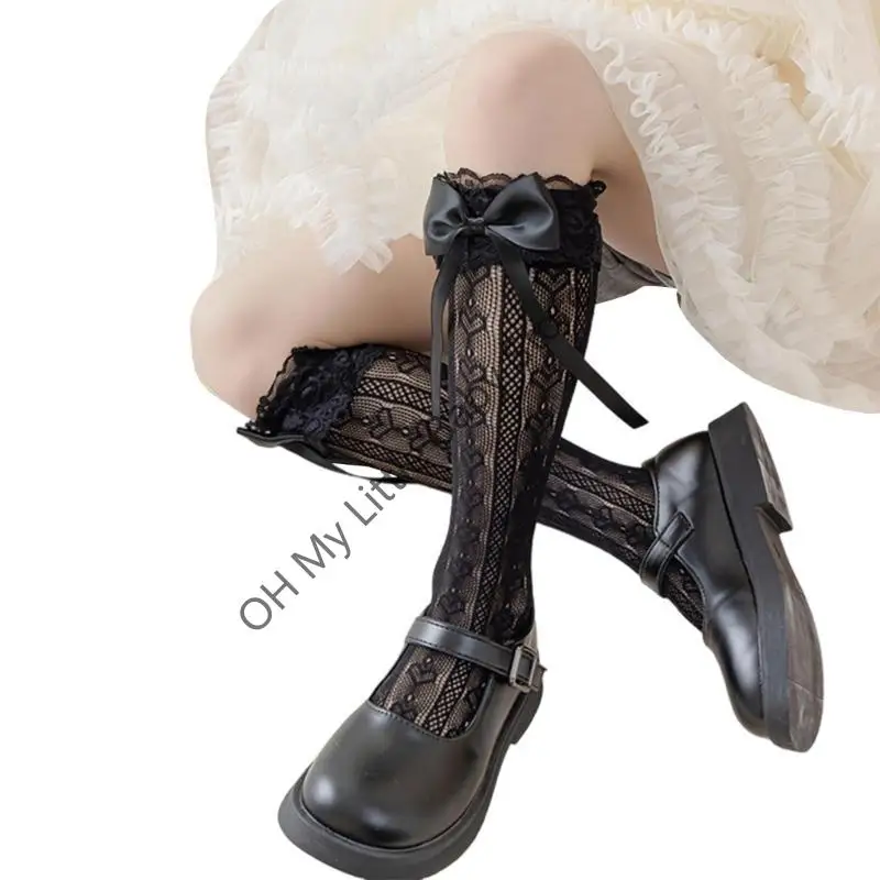 

M76C Knee Socks for Little Girl Student Bowknot Ribbon Thigh High Stockings