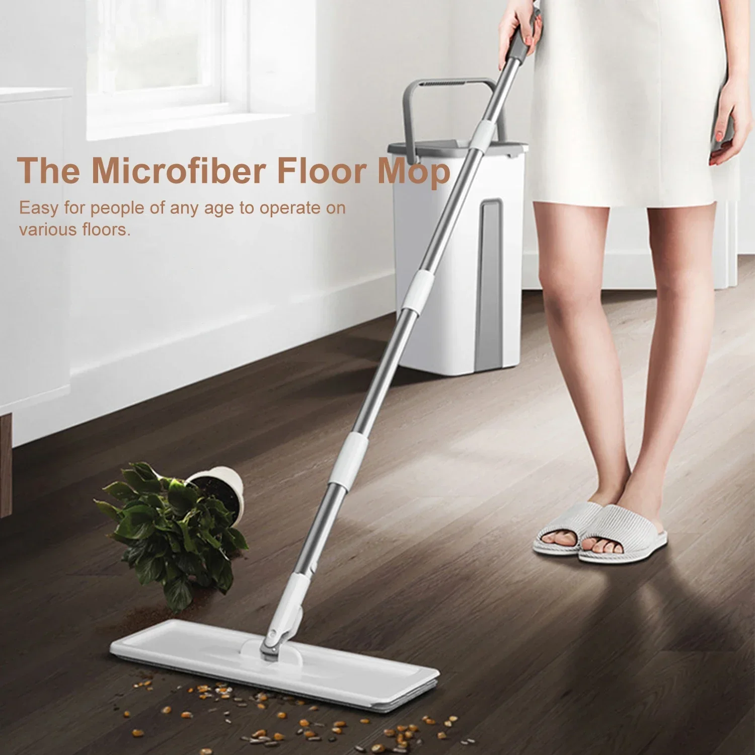 Microfiber Mop with Bucket Floor Cleaning Squeeze Hand Free Floor Mop Washable Pads Reusable Dust Mops with Soft Refill Pads