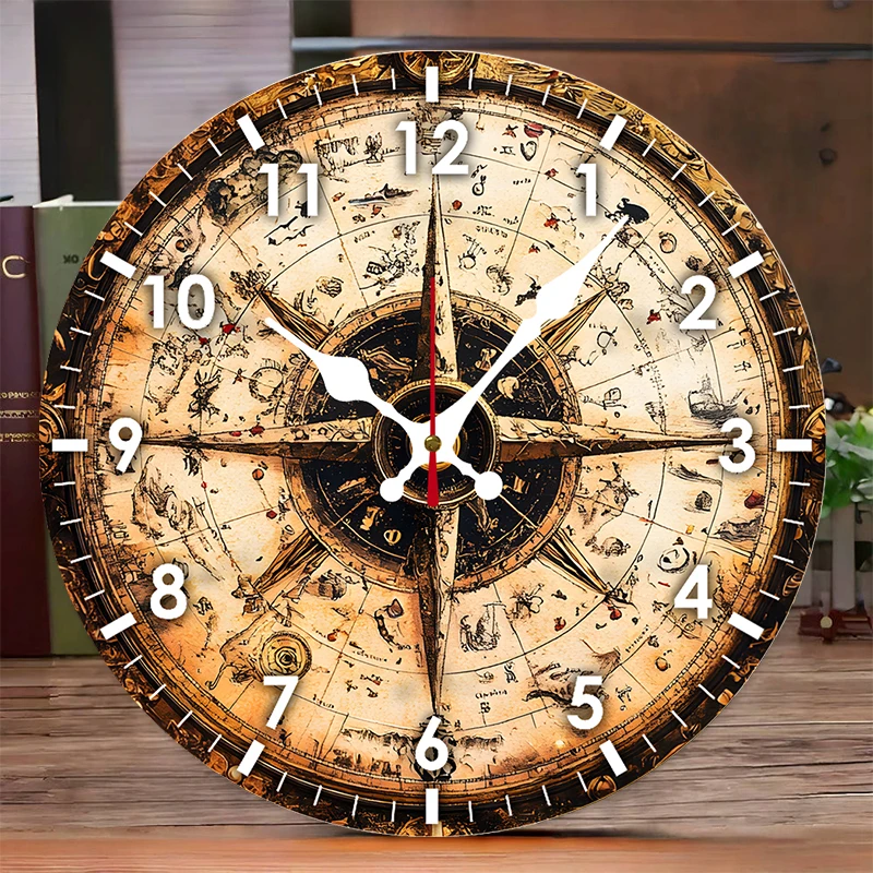 Ocean Themed Compass Wooden Round Silent Hanging Wall Clock,Suitable For Living Room,Office,Study Room, Bedroom, Home Decoration