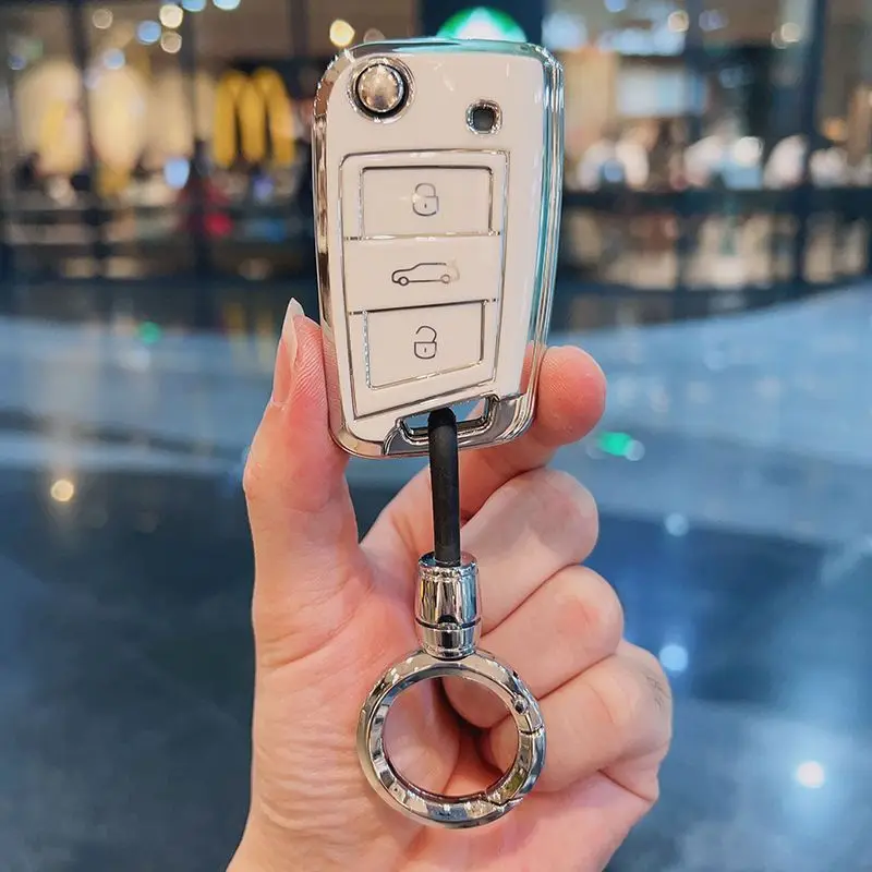 

Чехол для автомобильного ключа из ТПУ, чехол для дистанционного управления, держатель для цепи, брелок для ключей для VW Volkswagen T-ROC Golf 7, Polo Tiguan T-Cross Jetta EOS Beetle