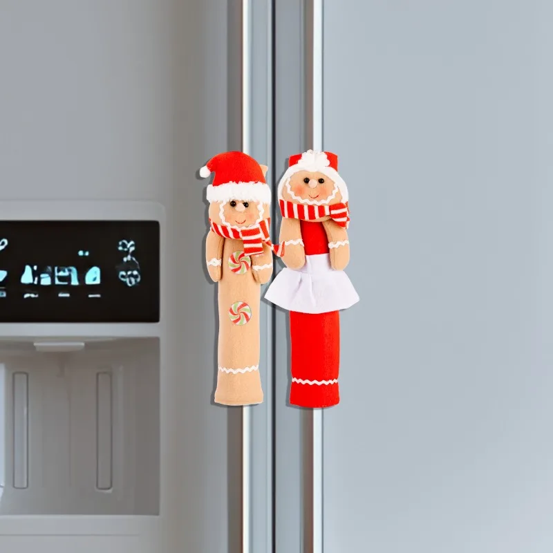 2pcs/set Christmas Fabric Refrigerator Handle Covers Gingerbread Man Cartoon Microwave Protectors Festive Kitchen Decor