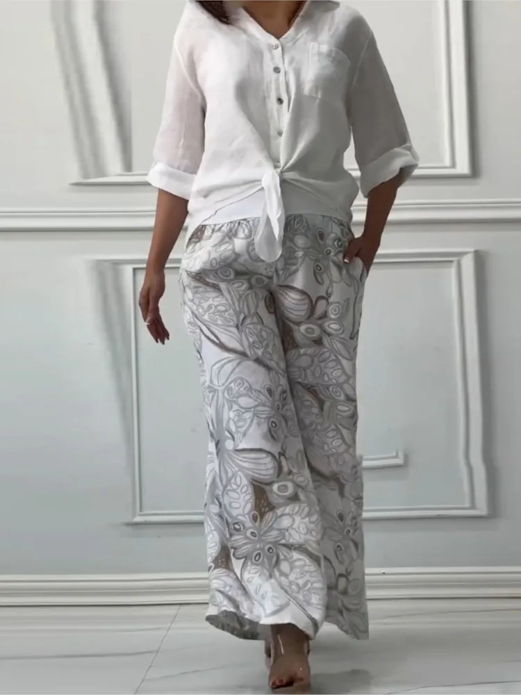 Women Cotton V-neck Two Piece Sets Spring Autumn Casual Long Sleeve Pocket Shirts 2 Piece Set Fashion Loose Wide Leg Pants Suit