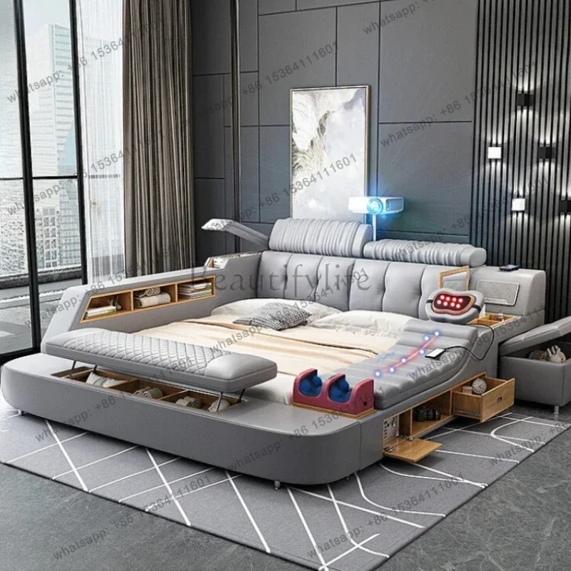 LJY King Size Multifonction Double Bed Luxury High End Wood Modular Double Bed Frame Space Saving Cama Matrimonial Bedroom Furni