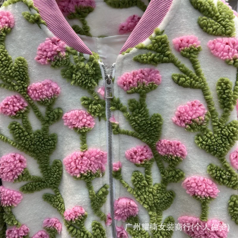 Fashion New Autumn Winter Stand Collar Loose Zip Cardigans Coat All-match Warm Flocking Flowers Full Sleeve Lambs Wool Jackets