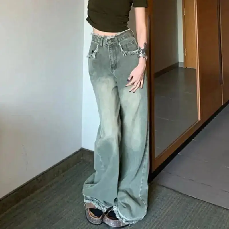 Retro Light Colored Wide Leg Jeans for Women Loose High Waisted Straight Leg Pants Lady Spring Casual Floor Mops Pants