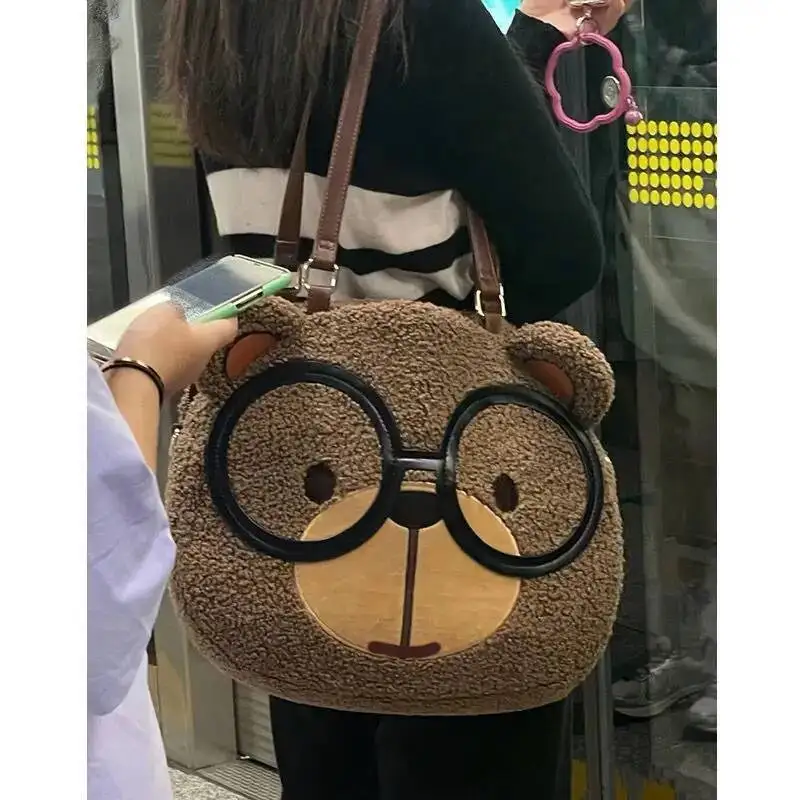 

Bloom Plush Bear Brown Shoulder Women Haruku Aesthetic Large Capacity Cacsual Handbag Ladies Retro Cute Crossbody Bags