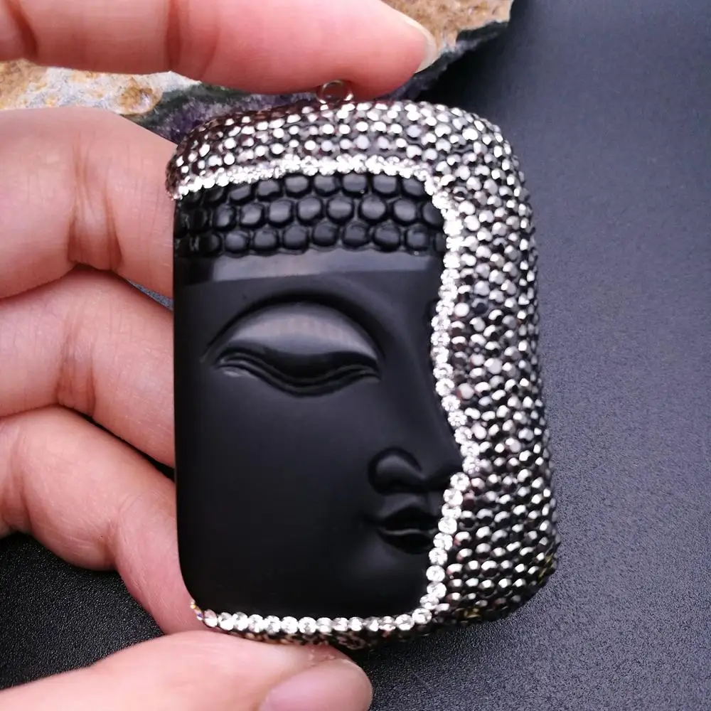 HP026 1 PC 40x55mm Black Jasper Buddha Pendant Trimmed With Crystal Zircon