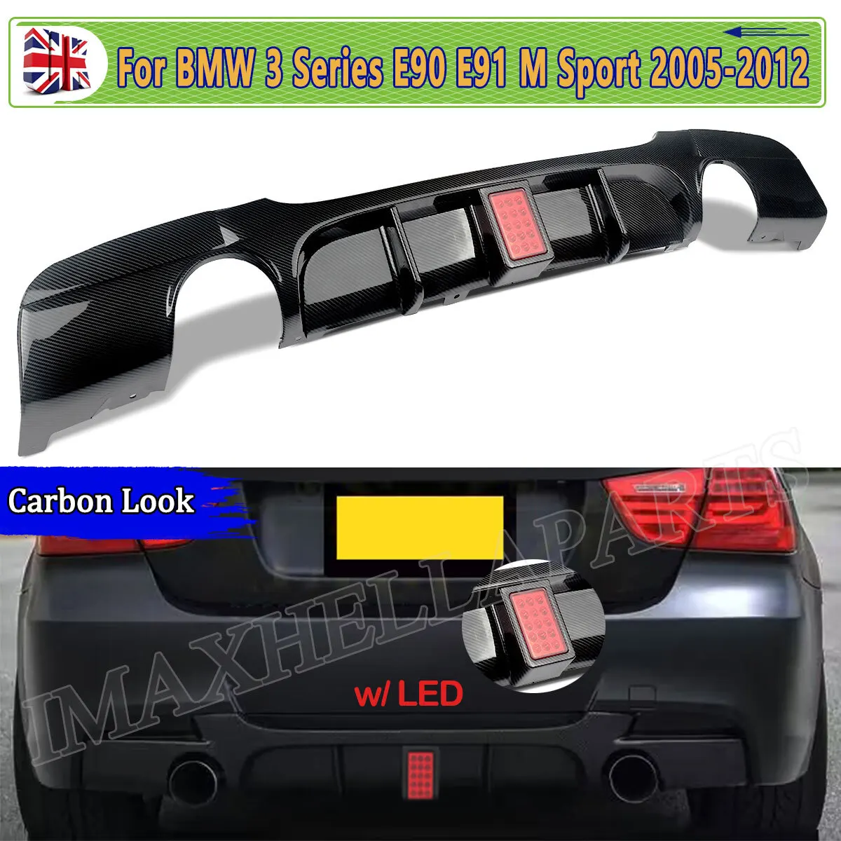 For BMW E90 E91 Rear Valance Diffuser 3 Series 318d 320i 325i 330i 2005-2012 M Tech Carbon Look with Light Rear Bumper Surround