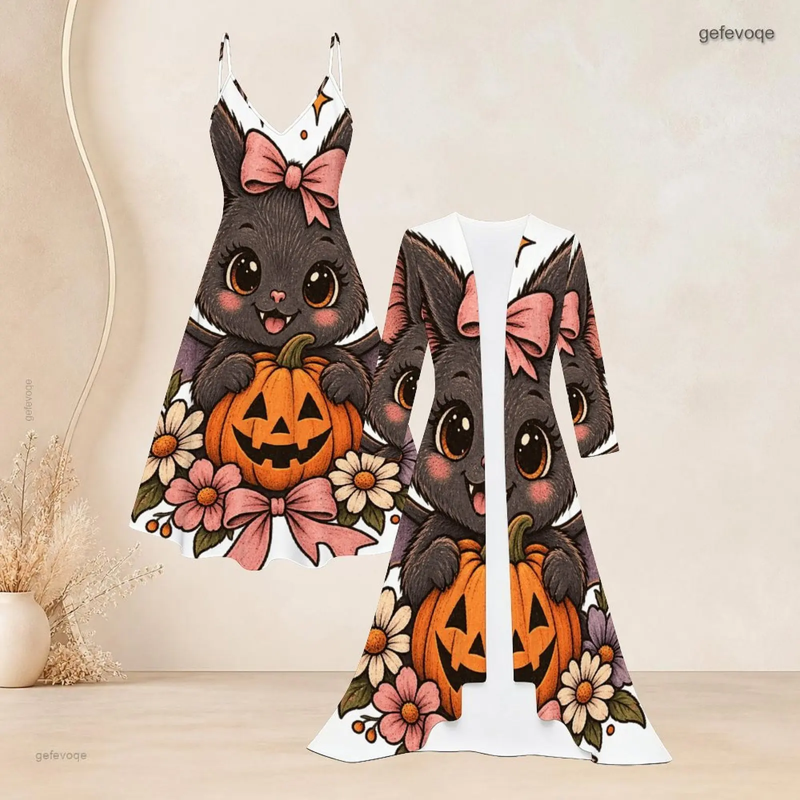 Women 2 Piece Set Printed Witch Ghost Llama Pumpkin Cactus Strappy Dress and Long Open Front 3/4 Sleeve Cardigan